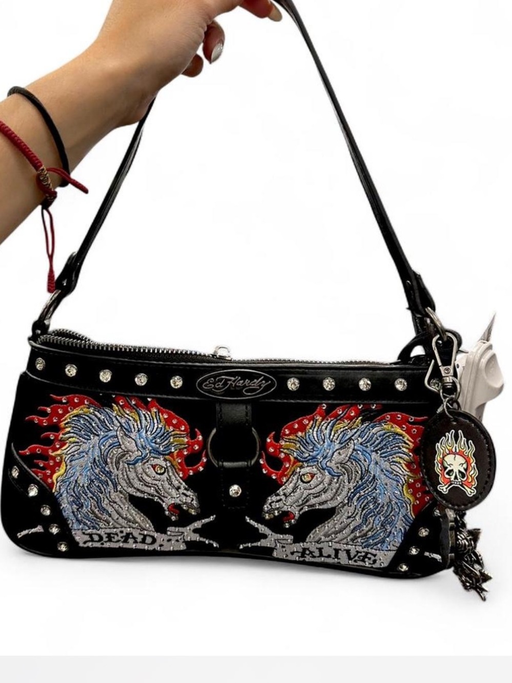 Ed Hardy Black Shoulder Bag with Embroidered Unicorns and Studs